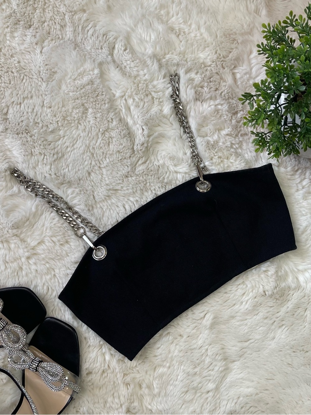 CARMAR Denim Black Bandeau Crop Top Chain Straps Silver Hardware Women XS